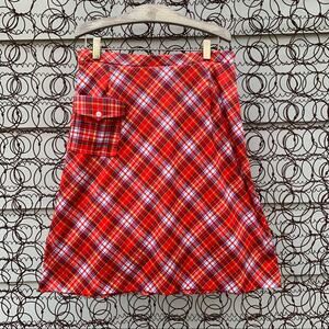 Vintage 80s red orange plaid skort skirt polyester